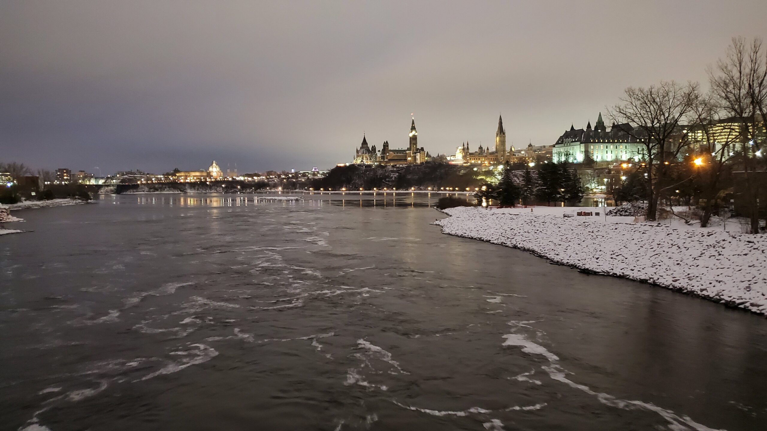 Night view of Ottawa's Parliament Hill in winter